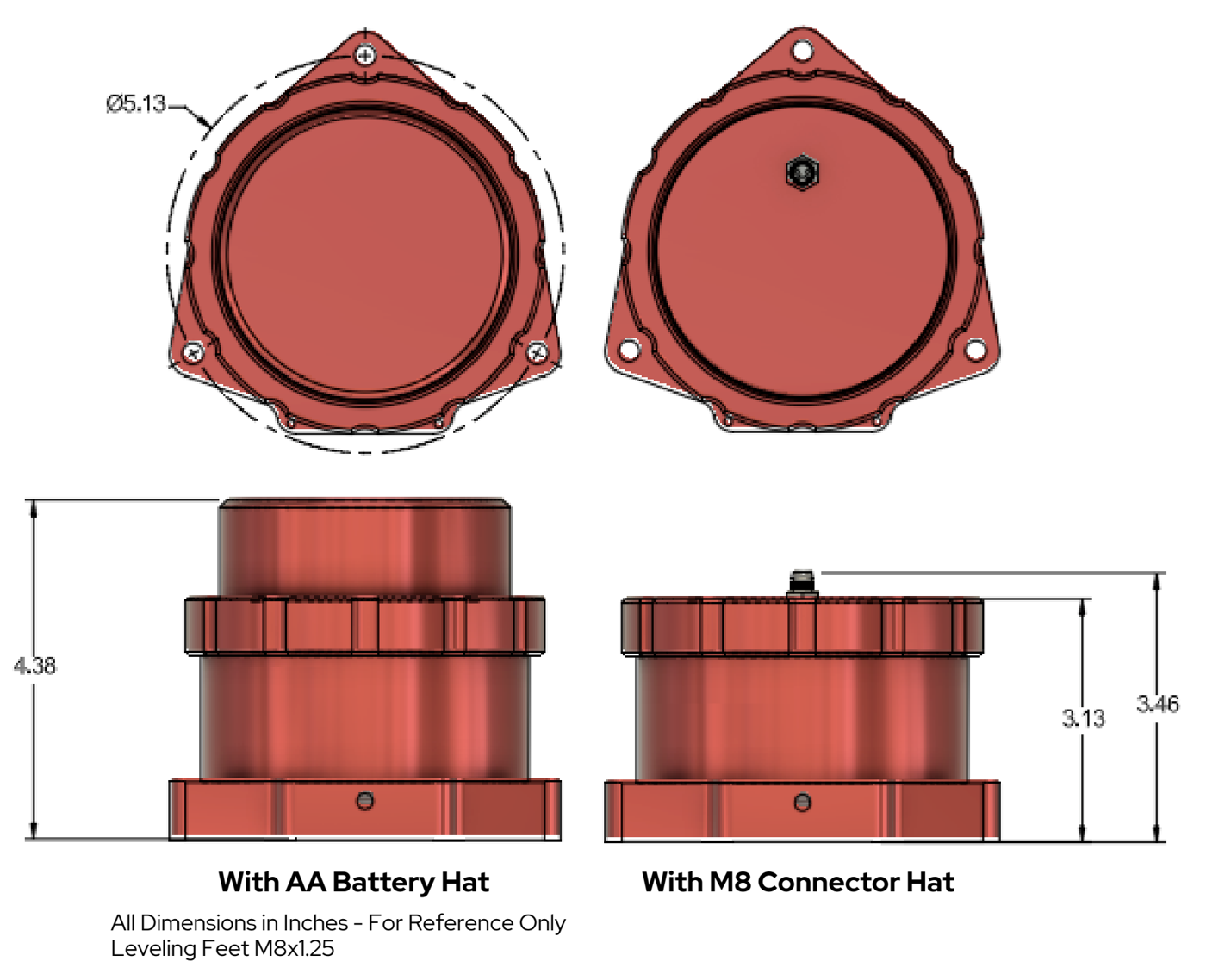 Dimension drawing of the enclosure with the AA battery hat and with the M8 connector hat.
