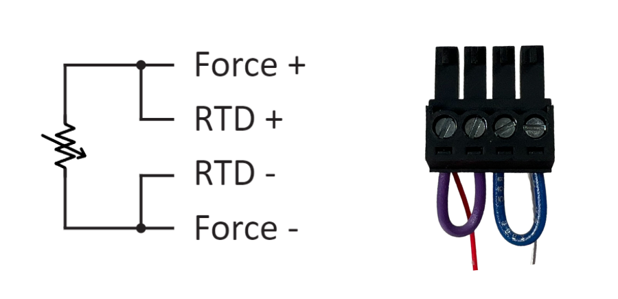 Connection of a 2-wire RTD to the interface with a 4 position plug in terminal block.