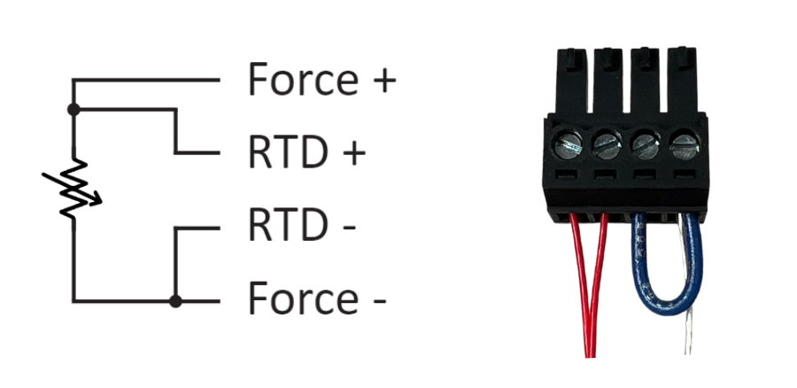 Connection of a 3-wire RTD to the interface with a 4 position plug in terminal block.