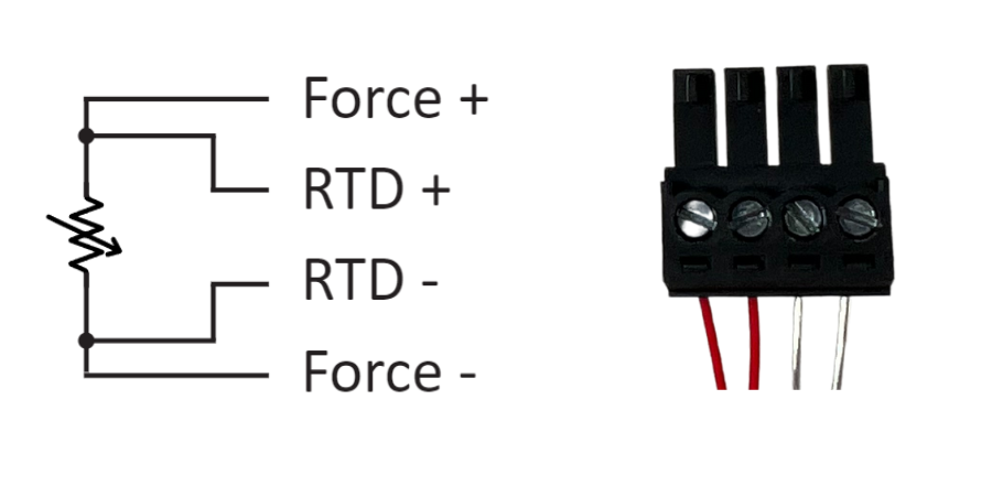 Connection of a 4-wire RTD to the interface with a 4 position plug in terminal block.