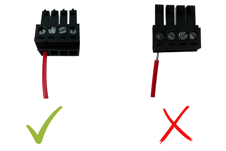 Good and bad connections to plug-in terminal blocks.