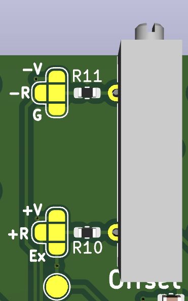 Two 3-position jumpers set the offset range limits. The top jumper controls the minimum voltage; the bottom sets the maximum.