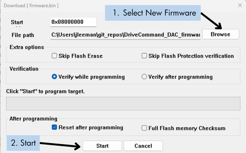 Select the firmware file and begin programming